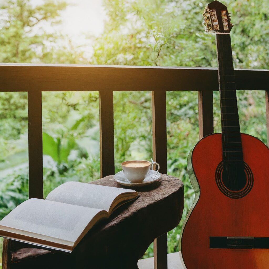 coffee with guitar and book